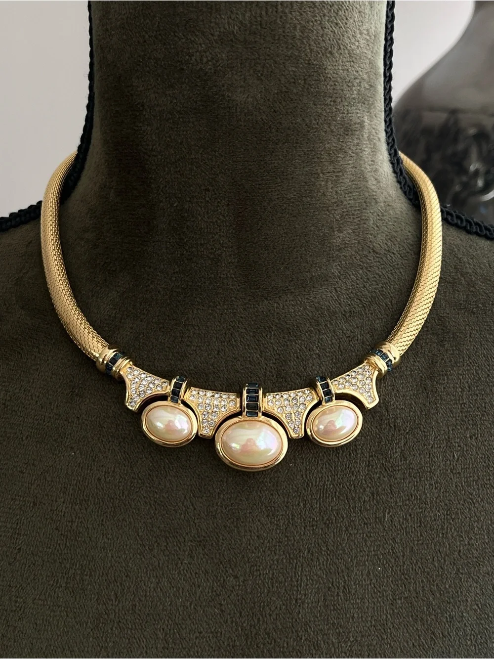 Authentic Vintage Dior Oval Pearl Cabochon Blue Stone Mesh Gold Bib Necklace